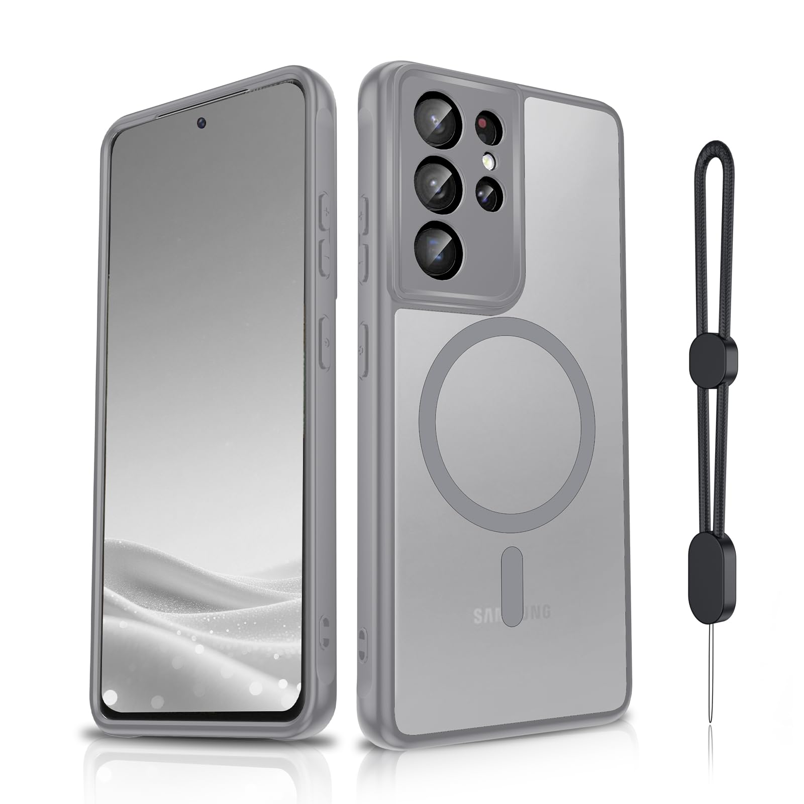 Dizn for Samsung Galaxy S21 Ultra Case:[𝐍𝐨𝐭 𝐅𝐢𝐭 𝐒𝟐𝟏],with Strap,Magnetic Soft Slim,Matte Translucent Cover &amp; Military Grade Shockproof Protection for S 21 Ultra,Grey