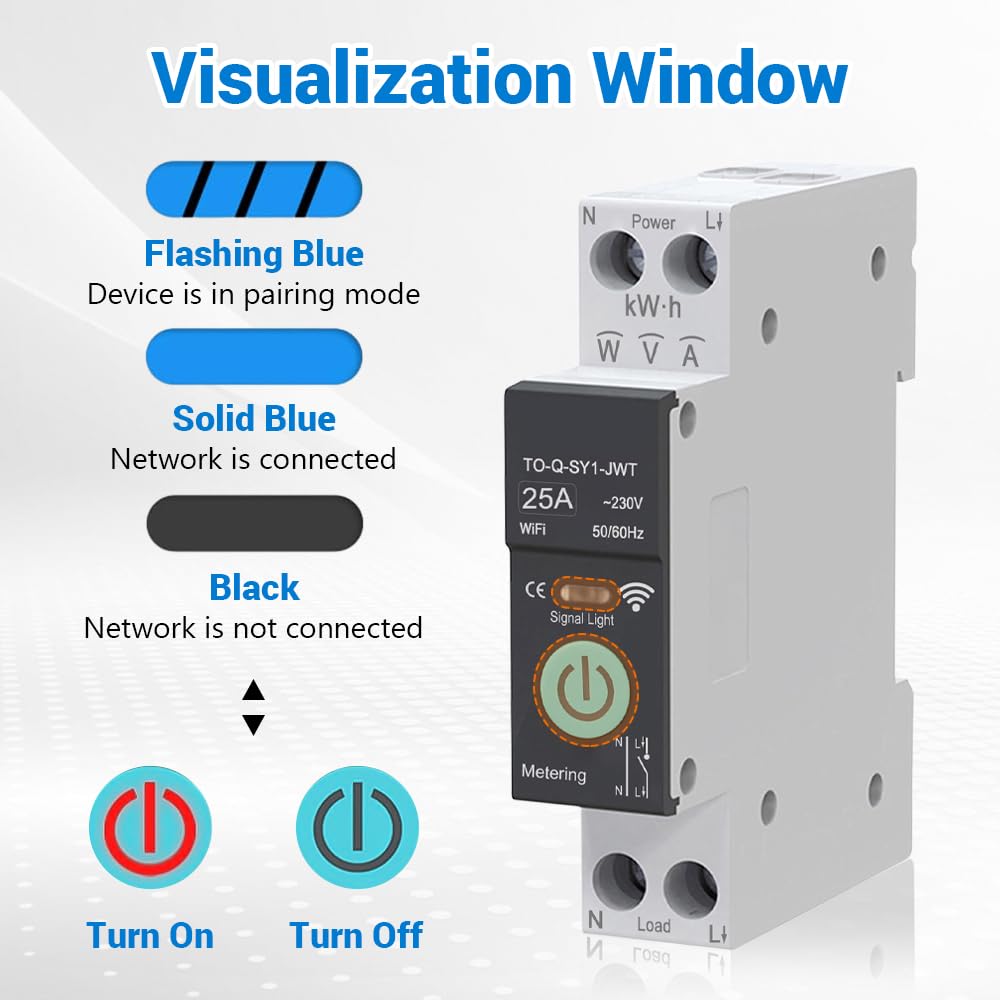 Interruptor WiFi, 1P+N 25A 230V, interruptor de control remoto inalámbrico para hogar inteligente, temporizador, control de voz monitor de energía compatible con la aplicación Smart Life TUYA riel DIN