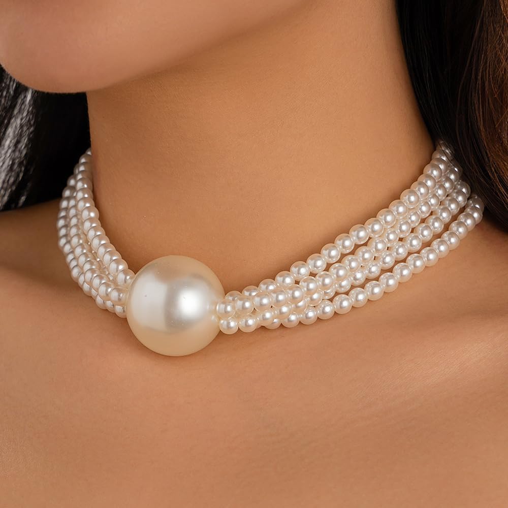 Women Boho 1920s Pearls Choker Necklaces Gold Silver Dainty Pearls Layered Choker Necklaces Fashion Chunky Pendant Multilayer Adjustable Layering Chain Necklaces for Women - Image 2