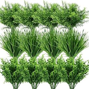 24 Bundles Artificial Plants Grass Indoor Outdoor UV Plastic Fake Bushes Plants Shrubs Greenery Flowers Arrangement
