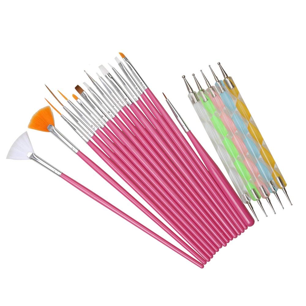 FAMEZA Women's Design Set Dotting Painting Drawing Polish Nylon Brush Pen Nail Art Tools (Pink, 20 Pieces) 1