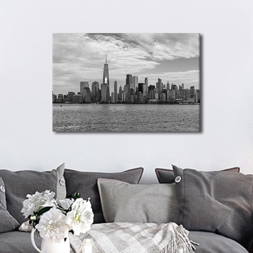 Black and White with the New York City Skyline in the Foreground Canvas Wall Art 1 Panel Color Cityscape Design Artwork Black and White Wall Art Posters and Prints Framed Ready to Hang 24x16 in - Image 4