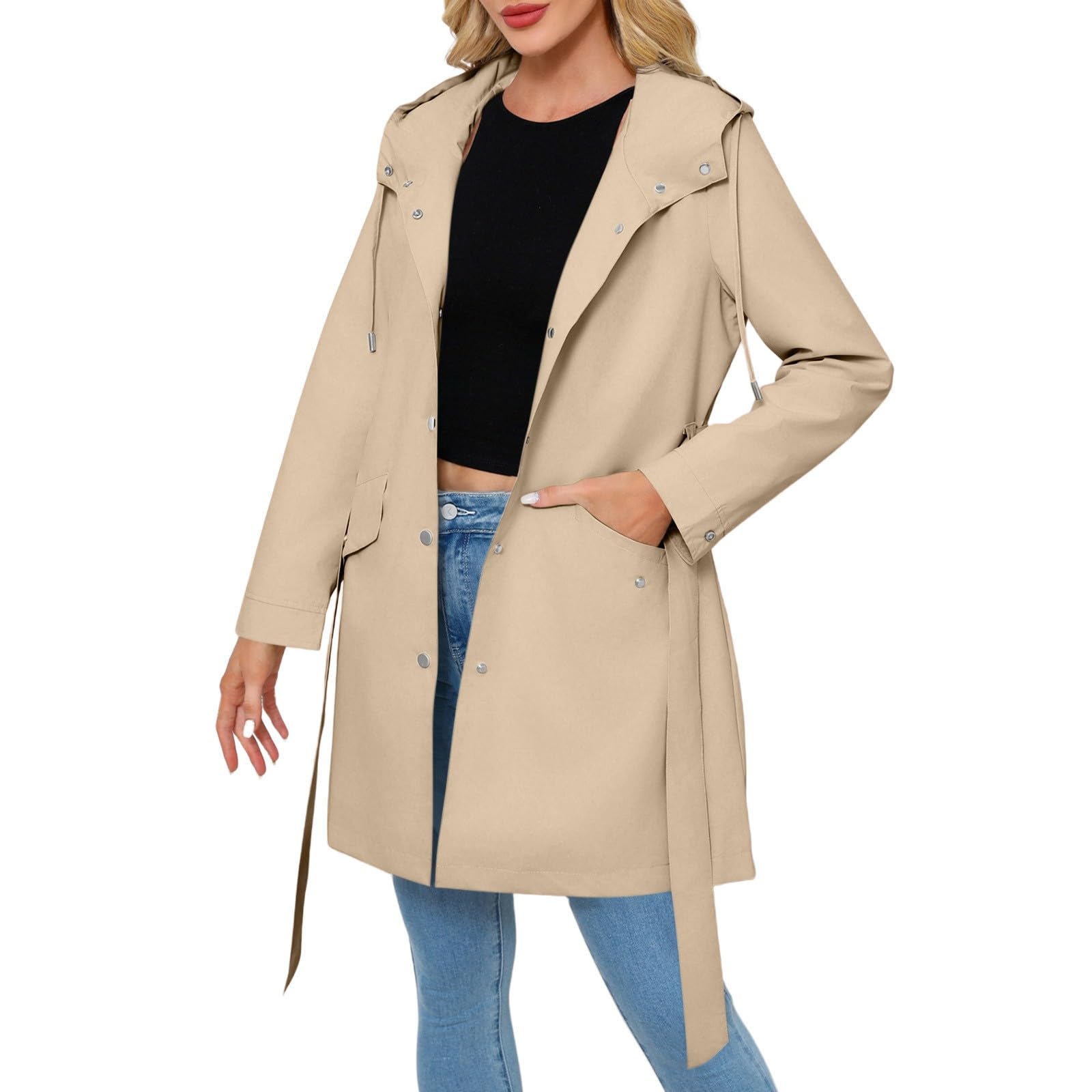Generisch Chaqueta de verano para mujer, elegante, chubasquero, fina, impermeable, chaqueta para mujer, con cinturón, trinchera, chaqueta de primavera, monocolor, chaqueta de ocio, chaqueta ligera
