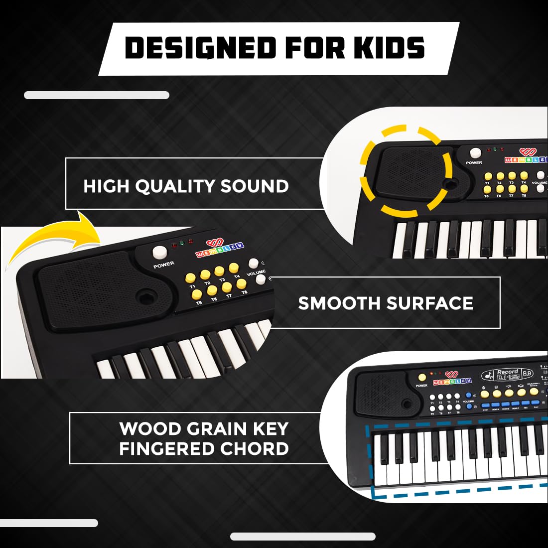Wembley Kids Piano with Mic - Rechargeable & Portable Electronic Keyboard Musical Toy for Beginners Boys & Girls Ages 3-9 Years with Recording, 37 Keys, 8 Rhythms, 8 Tones, 6 Demos Function - Black - Image 6 thumbnail
