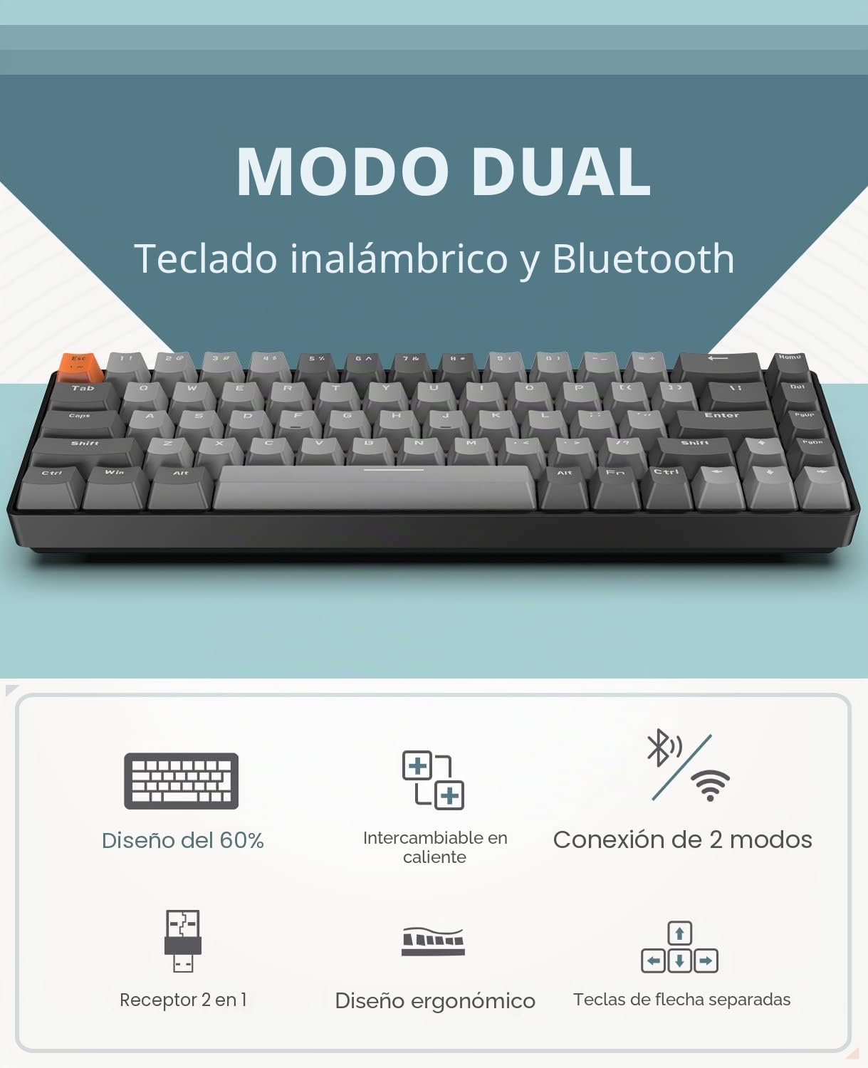 MAGIC-REFINER RK68 Teclado Inalambrico, Teclado Mecánico Gaming 60%, Apex Pro Mini Modo Dual 2.4Ghz/Bluetooth 5.0 Interruptor Rojo Hot Swap con Receptor 2 en 1 para PC/Mac/Tableta/Teclado QWERTY US