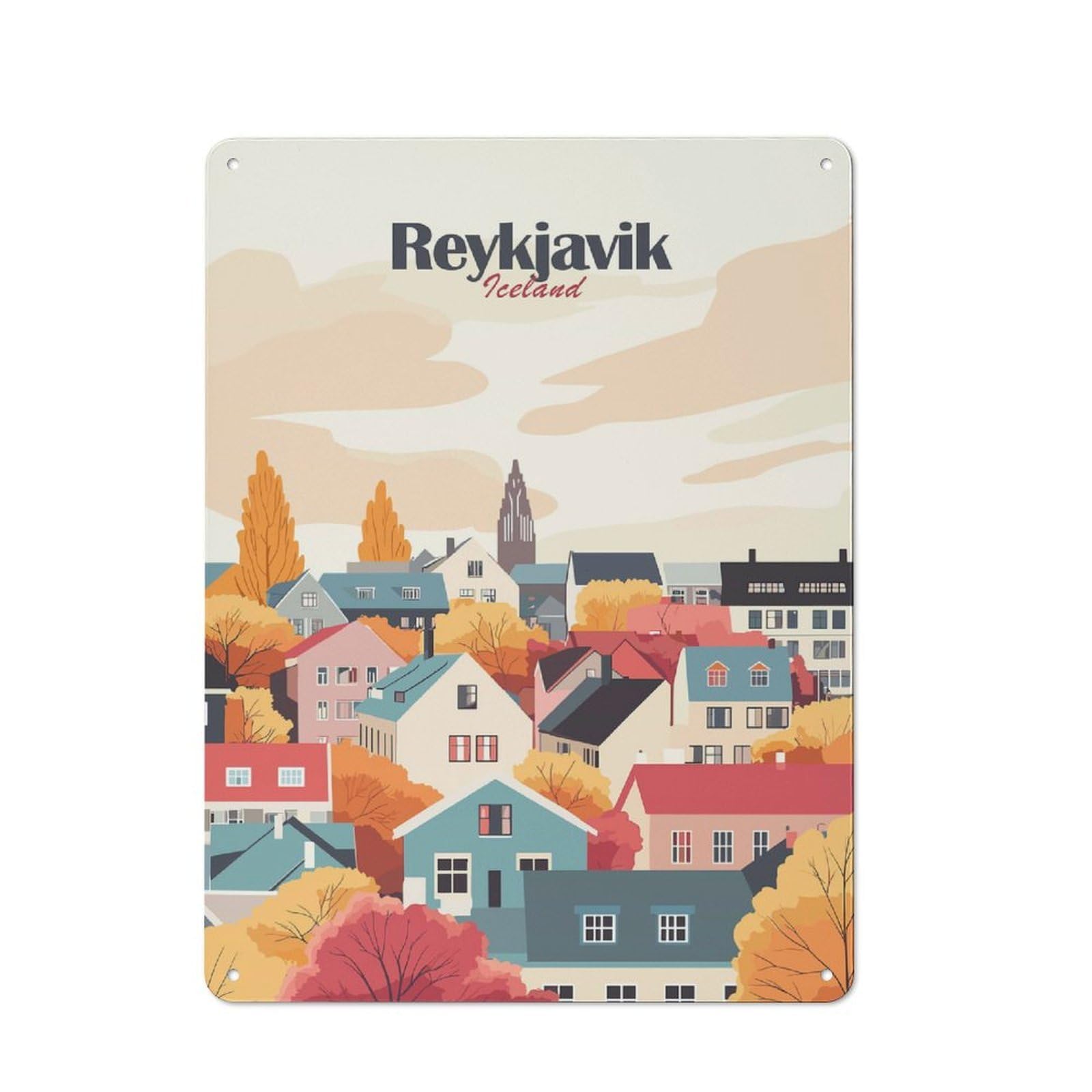 Junmoney Style-2 Reykjavik Cityscape(2) Printed Metal Sign 40X30cm For Living Room Wall, For Kitchen, Dining Room And Home Bar Wall Decor