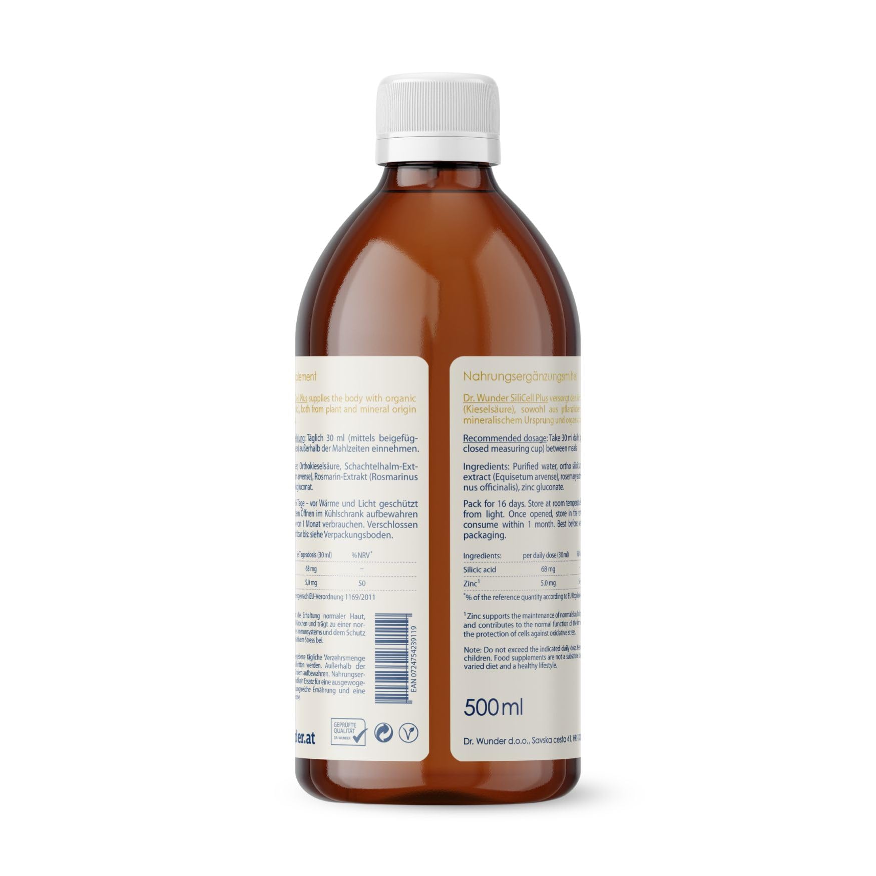 Dr. Wunder Silizium+Zink Komplex 500ml: konzentrierte organische Ortho-Kieselsäure (Silizium) aus Schachtelhalm | für Haut, Haare, Nägel, Knochen & Bindegewebe | Vegan