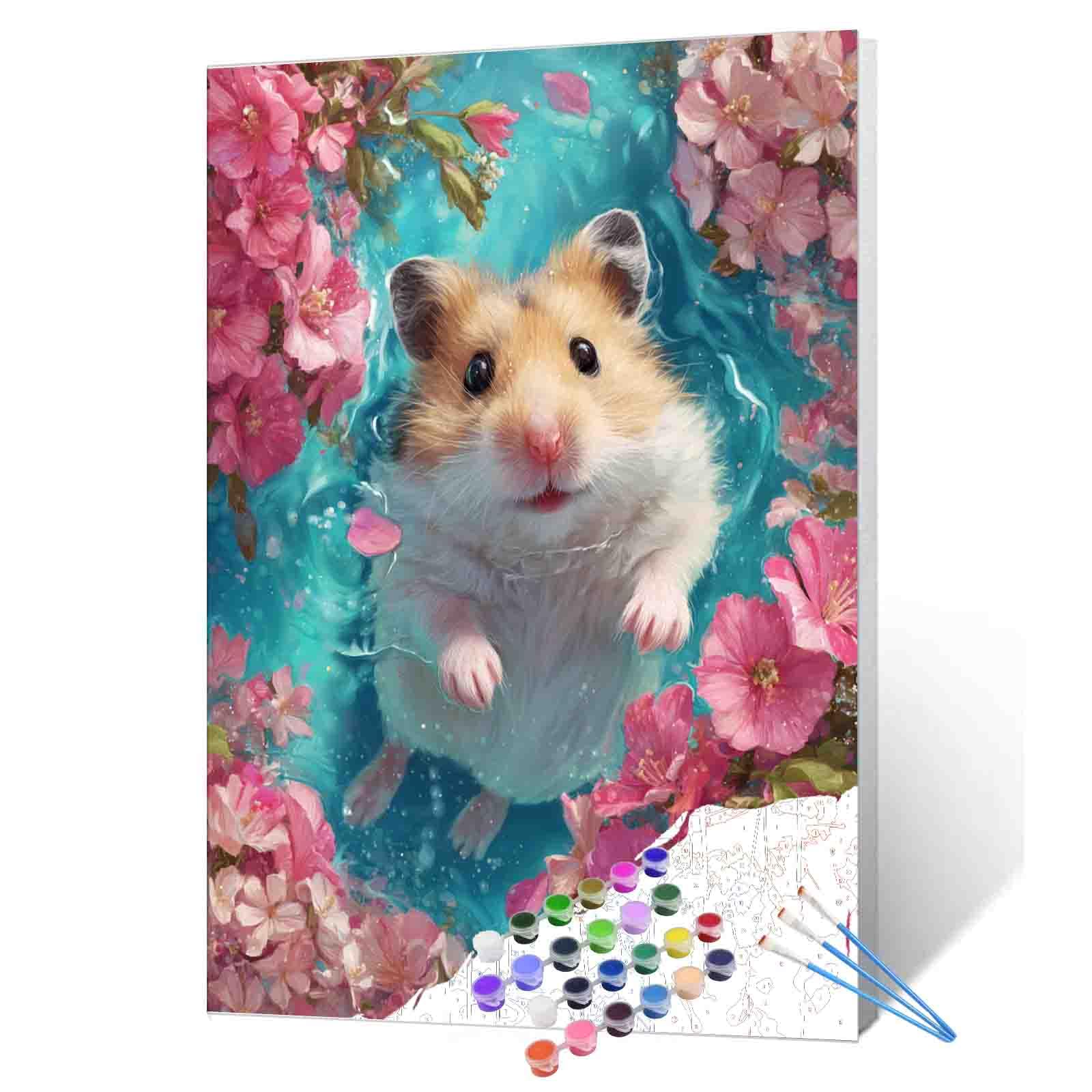 Paint by Numbers for Adults, Theme: Sweet Hamster, Theme: Pink Flowers, Digital Oil Painting Set on Canvas, Acrylic Paint, DIY, Crafting, Painting, Home Decoration, Unique Gift, 16 x 20 inch