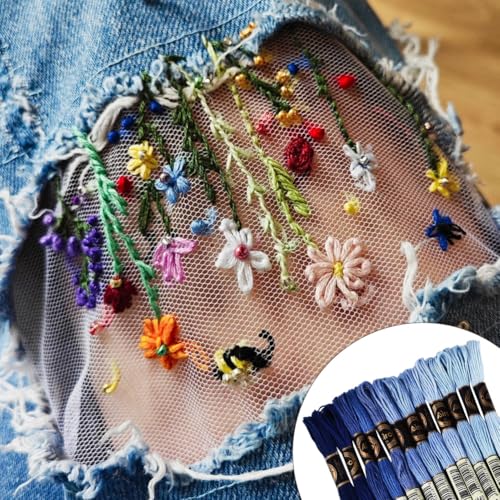 Image of 105 Yards 12 Skeins Gradient 6 Strands Marine Blue Cross Stitch Thread Polyester Variegated Embroidery Floss Friendship Bracelet String Assorted Bulk for Hand Sewing Making Knitting Supply