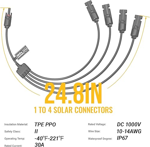 Miniatura 4 de BougeRV Conectores solares de rama en Y, conectores paralelos extra largos de panel solar 1 a 4 cables solares para enchufe (MFFFF y FMMMM)