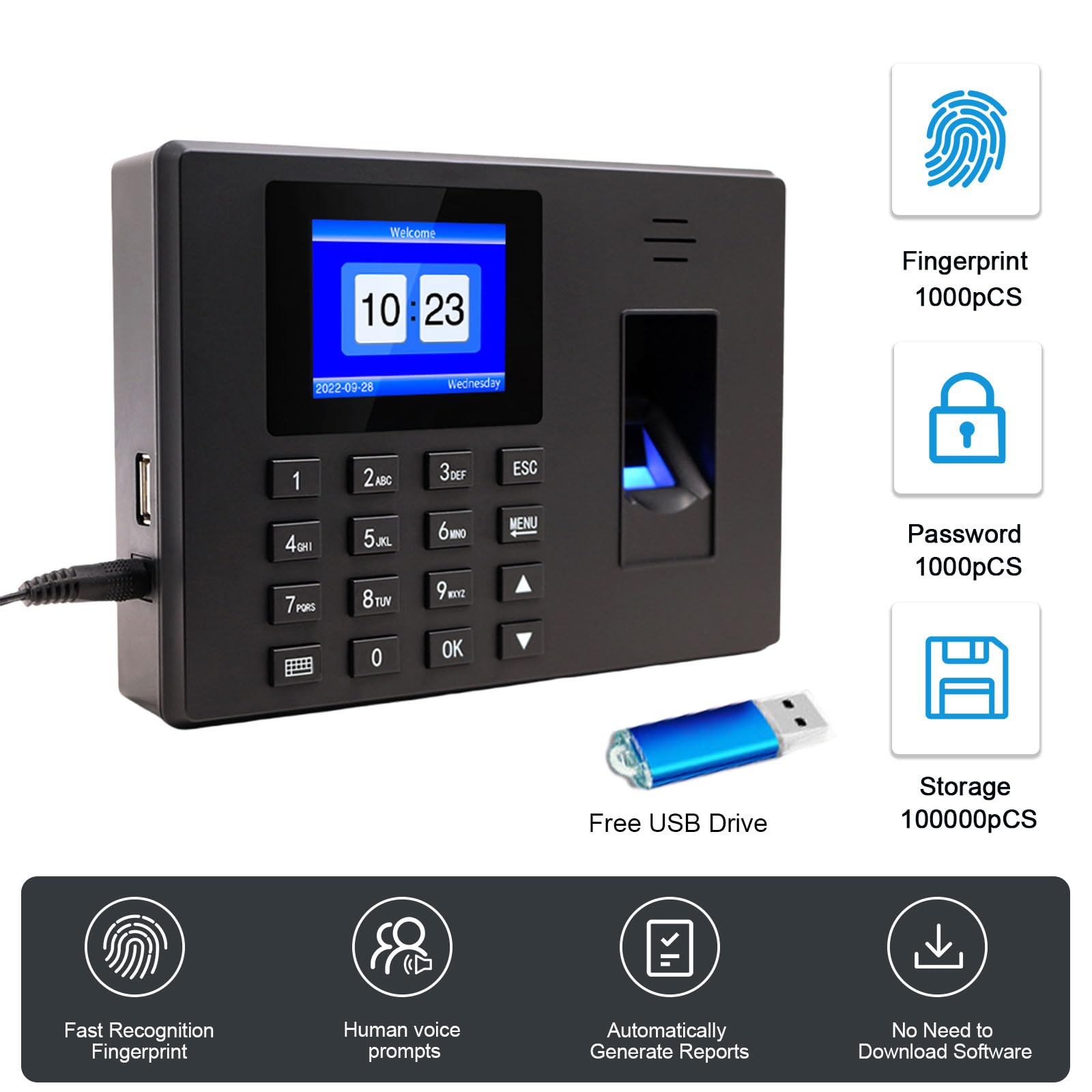 Registro de tiempo para pequeñas empresas, reloj de sello de huellas dactilares, registro del tiempo de trabajo para pequeñas empresas, 1000 empleados, cálculo automático de horas, sin red, 0 cuotas