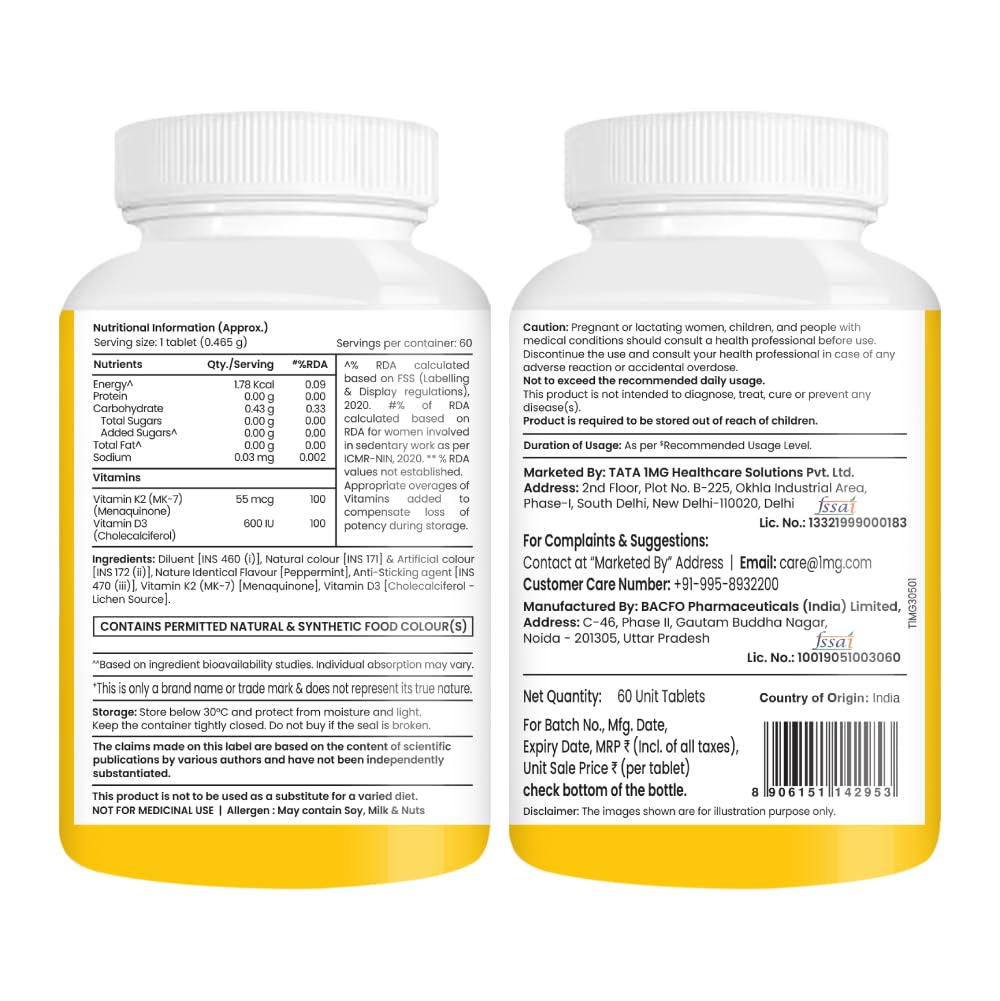 Tata 1mg Vitamin D3 + K2 (MK-7) | Supports Stronger Bones, Immunity & Calcium Absorption | 600 IU Vitamin D3 + 55 mcg K2 | Lichen Sourced, 100% Veg (60 Tablets)