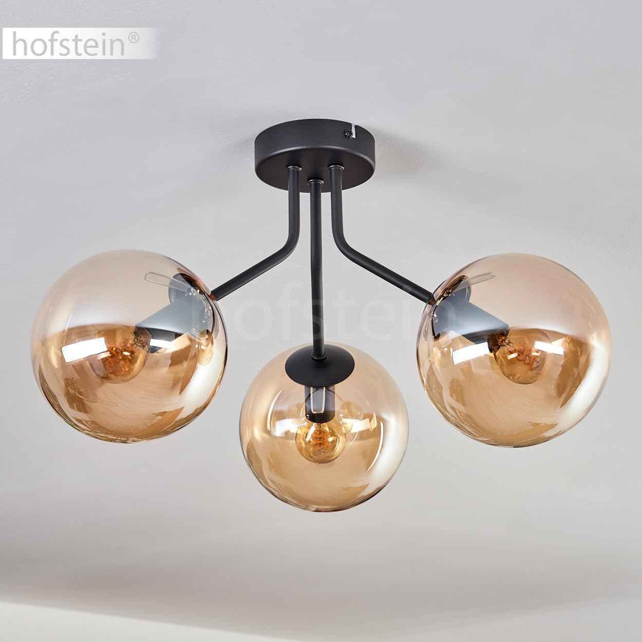 Plafoniera Koyoto, lampada da soffitto in metallo/vetro in nero/ambra, illuminazione moderna in stile retrò/vintage con paralumi in vetro, Ø 15 cm, 3 x E14, per camera da letto, soggiorno, cucina