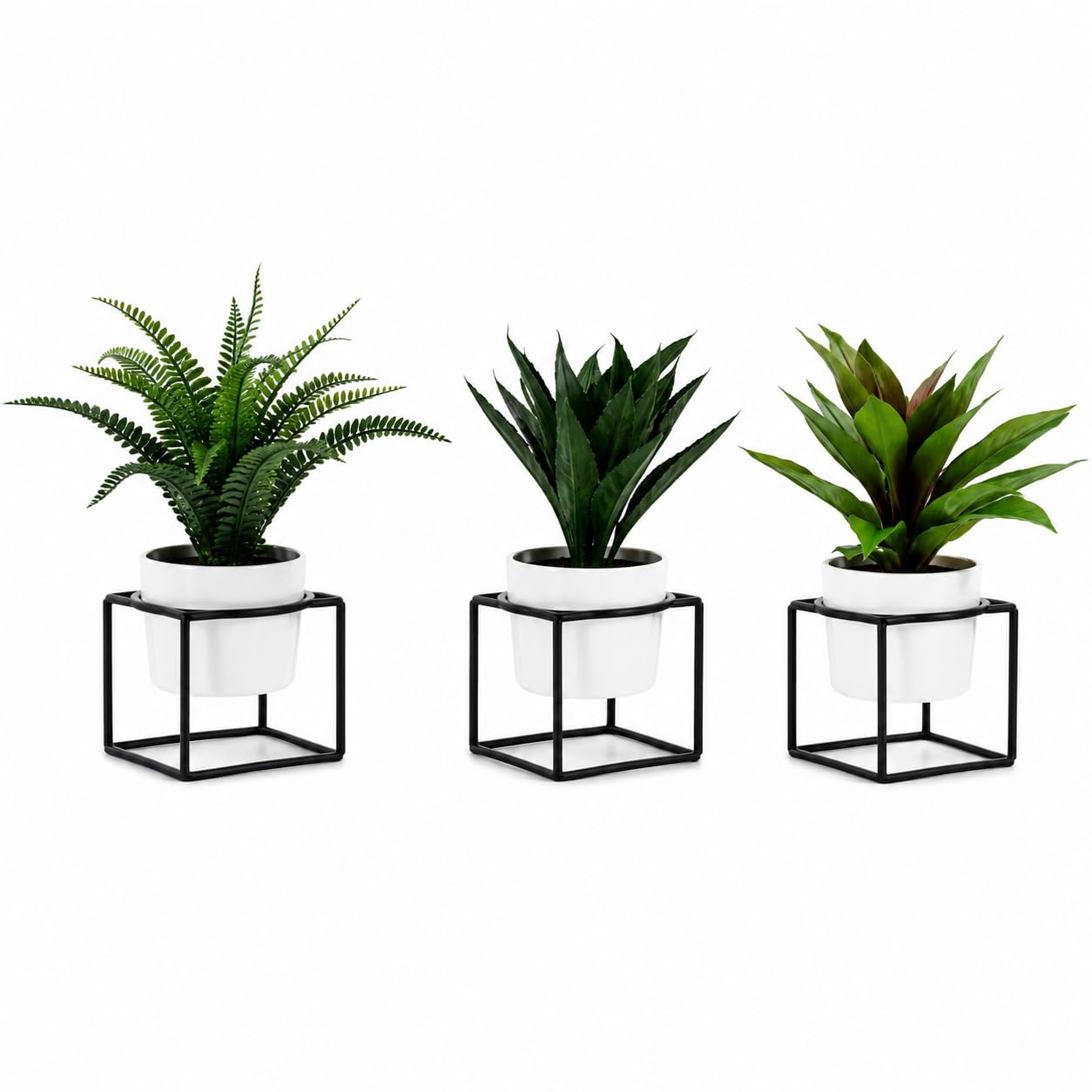 Generico Plantas artificiales decorativas con maceta blanca y base negra, 3 unidades Ø9,5 x H22,5 cm | Plantas artificiales de interior para casa, oficina, estantería, baño, salón y dormitorio