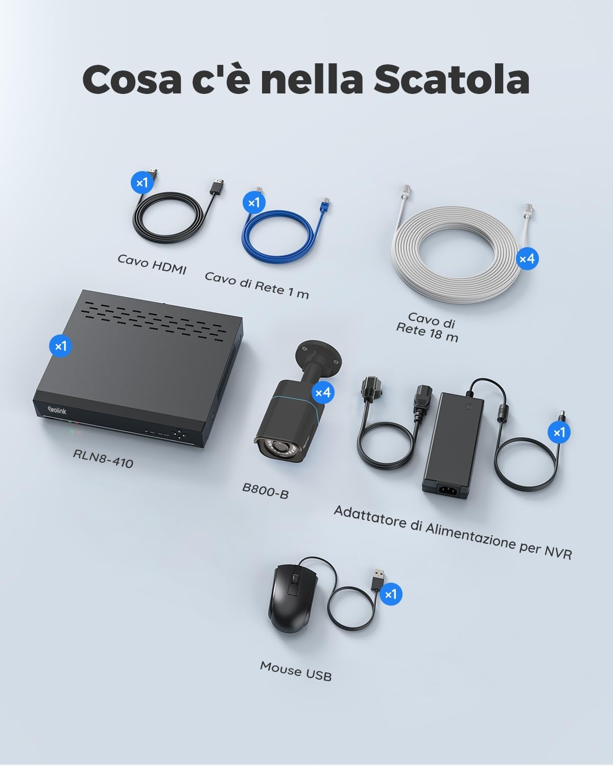 Reolink 4K PoE Kit Videosorveglianza Esterno, Rilevamento di Uomo/Veicolo, NVR 8CH 2TB + 4x Telecamere da Esterno, Visione Notturna Infrarossa, Espandibile a 16TB, Impermeabile IP67, RLK8-800B4 (Nero)