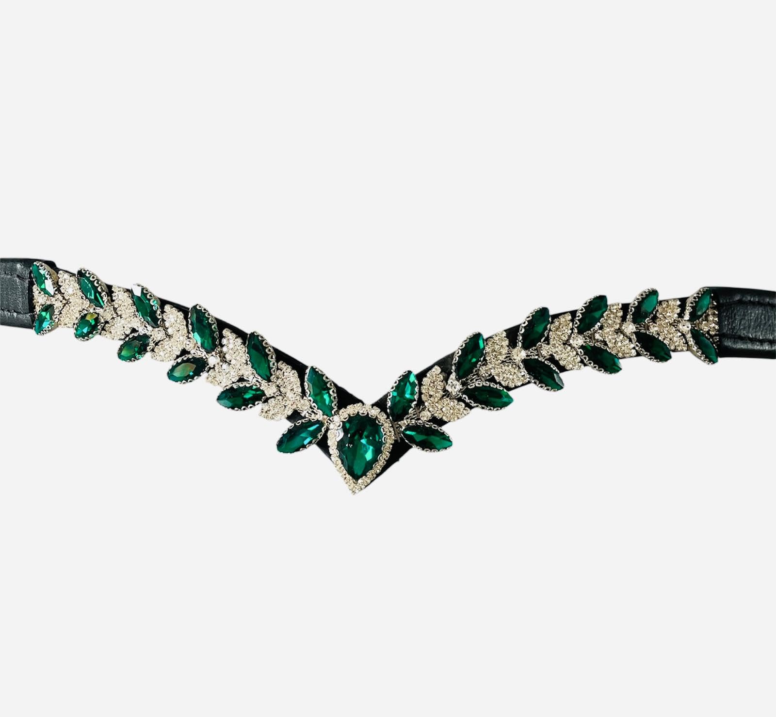 BENZ EQUESTRIAN Horse Browband Emerald Green and Silver Clear Crystal V-Shaped Browband Leather Horse Bridle (Brown, Pony)