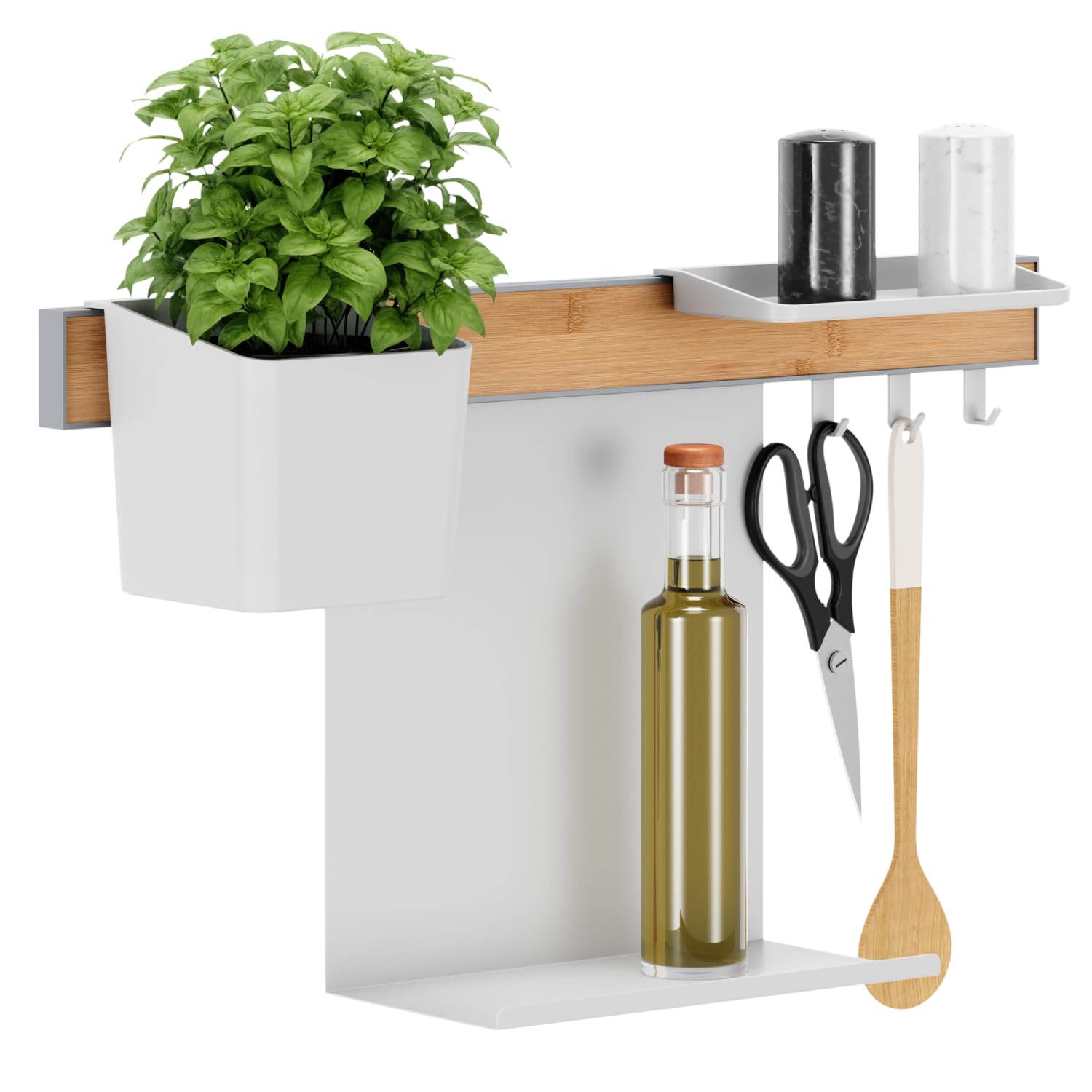 Tesa Kitchen Organizer da Cucina Combi Set S - Barra Autoadesiva con Vaso per Erbe Aromatiche, 2 Ripiani, Binario con 3 Ganci - Montaggio senza Foratura - Bambù/Bianco