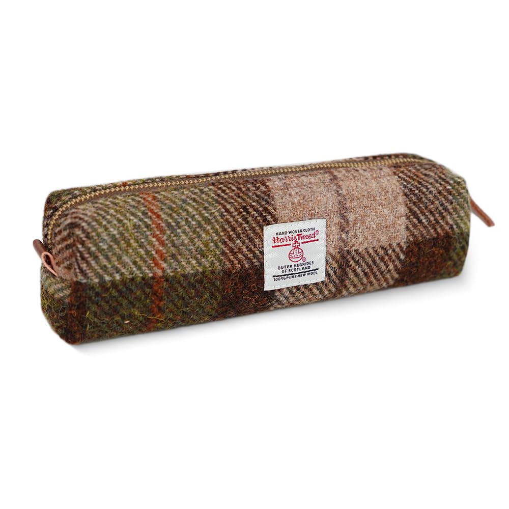 TAILORMAP Harris Tweed Pencil Case Pouch Large Capacity Pencil Case with Zipper for Men and Women (Brown Green)