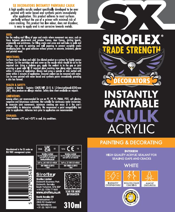 SX Siroflex Instantly Paintable Decorators Caulk White, Immediately Overpaintable Acrylic Sealant, Reduces Craze Cracking - Image 2