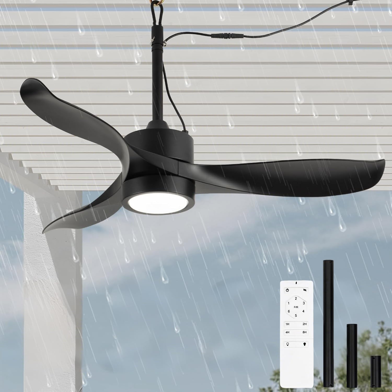 106CM Outdoor Deckenventilator mit Beleuchtung und Fernbedienung IP65 Wasserdicht Deckenleuchte mit Ventilator LED Dimmbar Lampe mit Ventilator Leise 6 Gang Fan Deckenlampe für Außen Balkon Garten