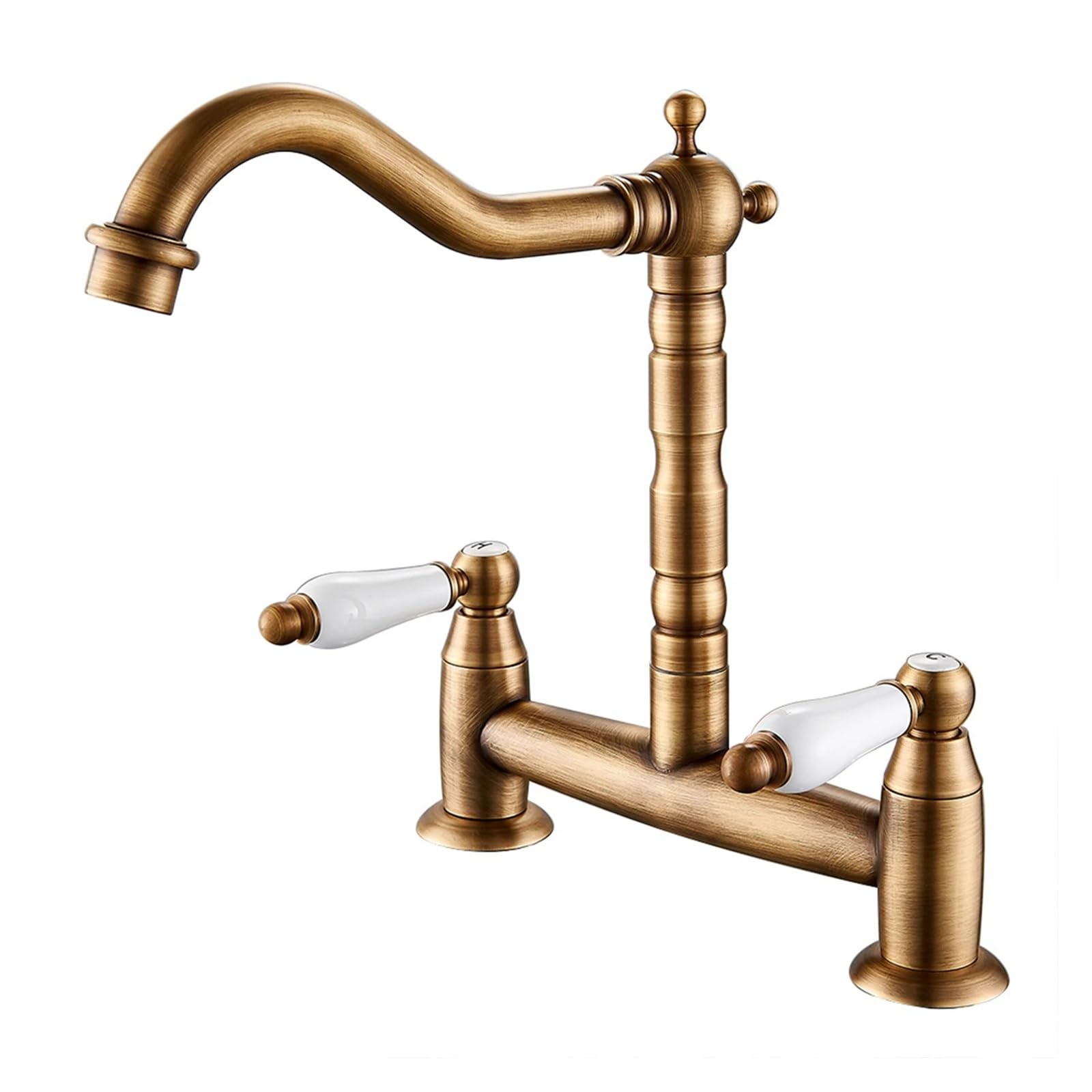 ZQFHSX Kitchen Ceramic Handle Faucet Full Brass Retro Double Hole Two Bathroom Basin Sink for Most Scenarios(Brass)