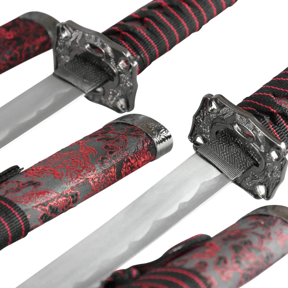 Samuraischwert Set Red Dragon Katana Wakizashi Tanto + Zubehör | Stumpfe Dekoschwerter aus Carbonstahl – Mit Schwertständer & Pflege-Set- Im Stil eines traditionell japanischen Schwertsets