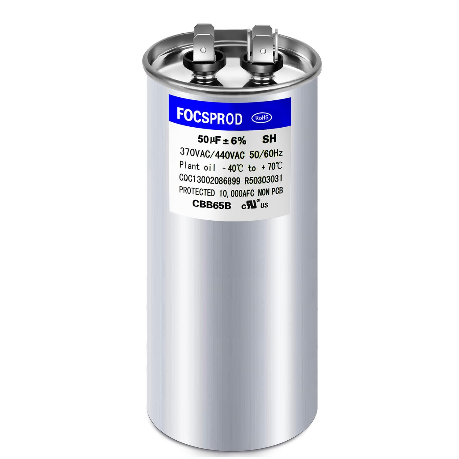Photo 1 of [UL Recognized] FOCSPROD 50 uF 50 MFD ±6% 370V/440V CBB65B AC Capacitor, Single Run Round Capacitor Replacement, 50 uF 440 Volt HVAC for AC Unit Fan Motor or Condenser Straight
