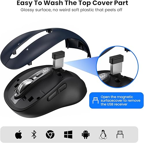 Miniatura 7 de INFINMIND Mouse inalámbrico Bluetooth con desplazamiento de 4 vías, recargable, 4 niveles 3200 DPI, clic silencioso, 3 dispositivos para Windows,