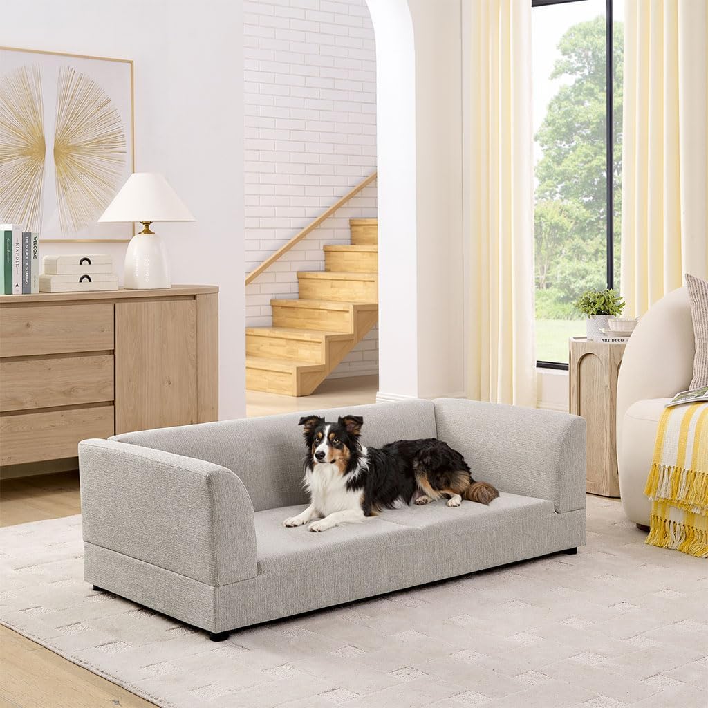 Dog Sofa Couch for Medium & Large Dogs, 56.5" Upholstered Pet Sofa Bed with Backrest & Armrests, Elevated Linen Dog Couch with Solid Wood Frame, Indoor Pet Furniture for Living Room,Beige