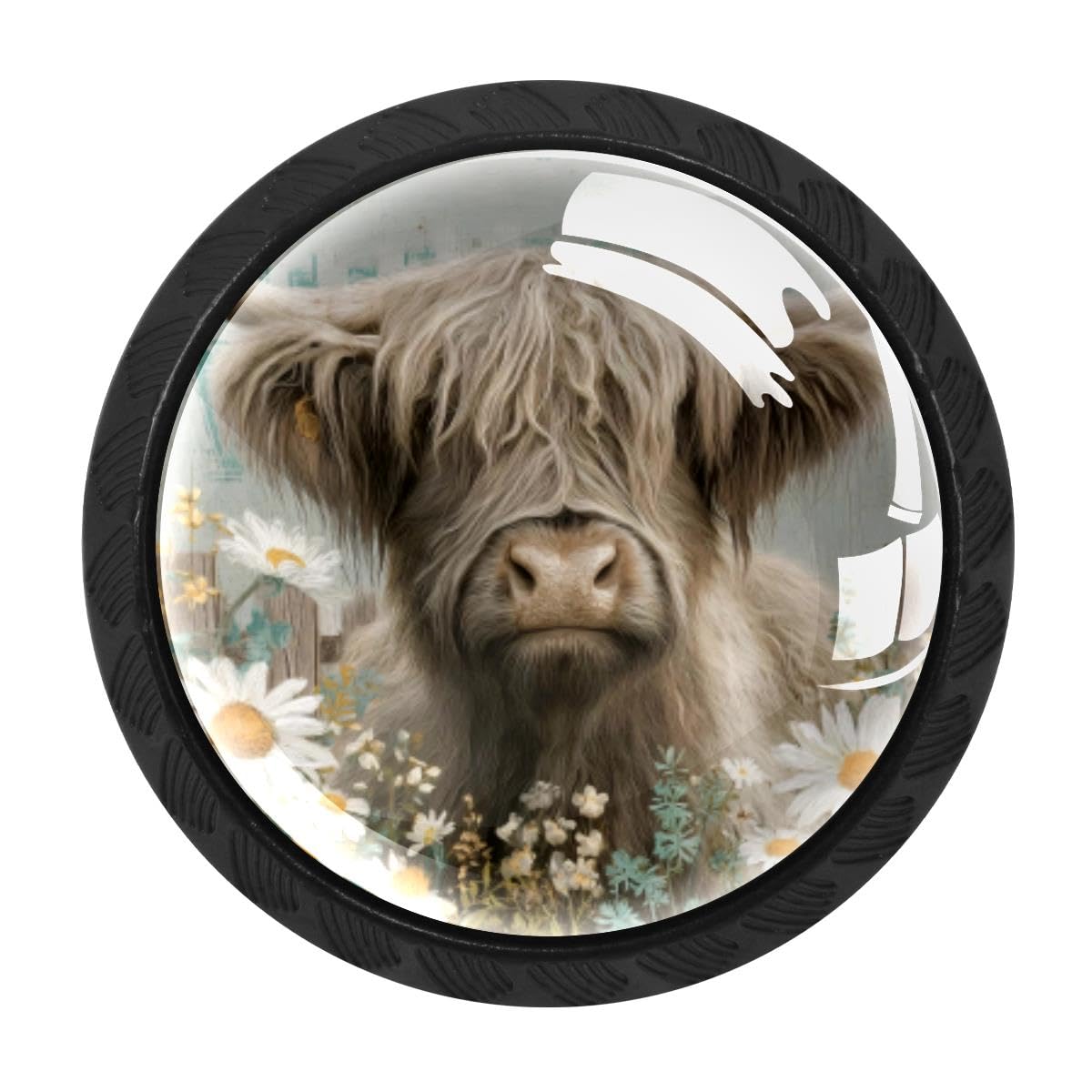 4 PCS Cabinet Knobs, Highland Cow Daisies Drawer Knobs Dresser Handles