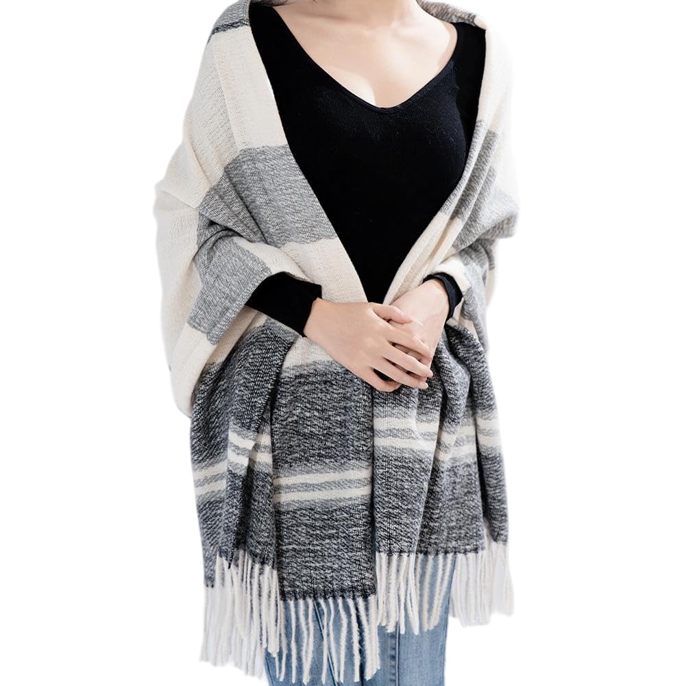 PREFER TO LIFE Scarf for Women, Warm Long Blanket Scarves Large Soft Thick Shawls and Wraps Black and grey band Women's Fall Winter Scarfs 79" *27" (Black grey stripes)
