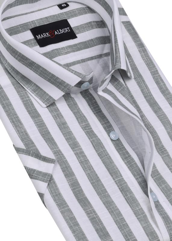 Image of MARK & ALBERT Men's Half Sleeve Cotton Linen Striped Shirt
