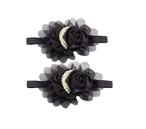 2 diademas negras para bebé niña con perlas y flores de perlas, accesorios de banda para el pelo para niños pequeños (FD48-negro)