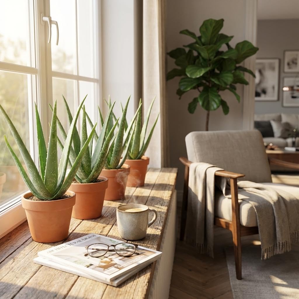 Aloe Vera roślina, zestaw 4 sukulentów wewnętrznych, zielona, doniczka Ø 10,5 cm