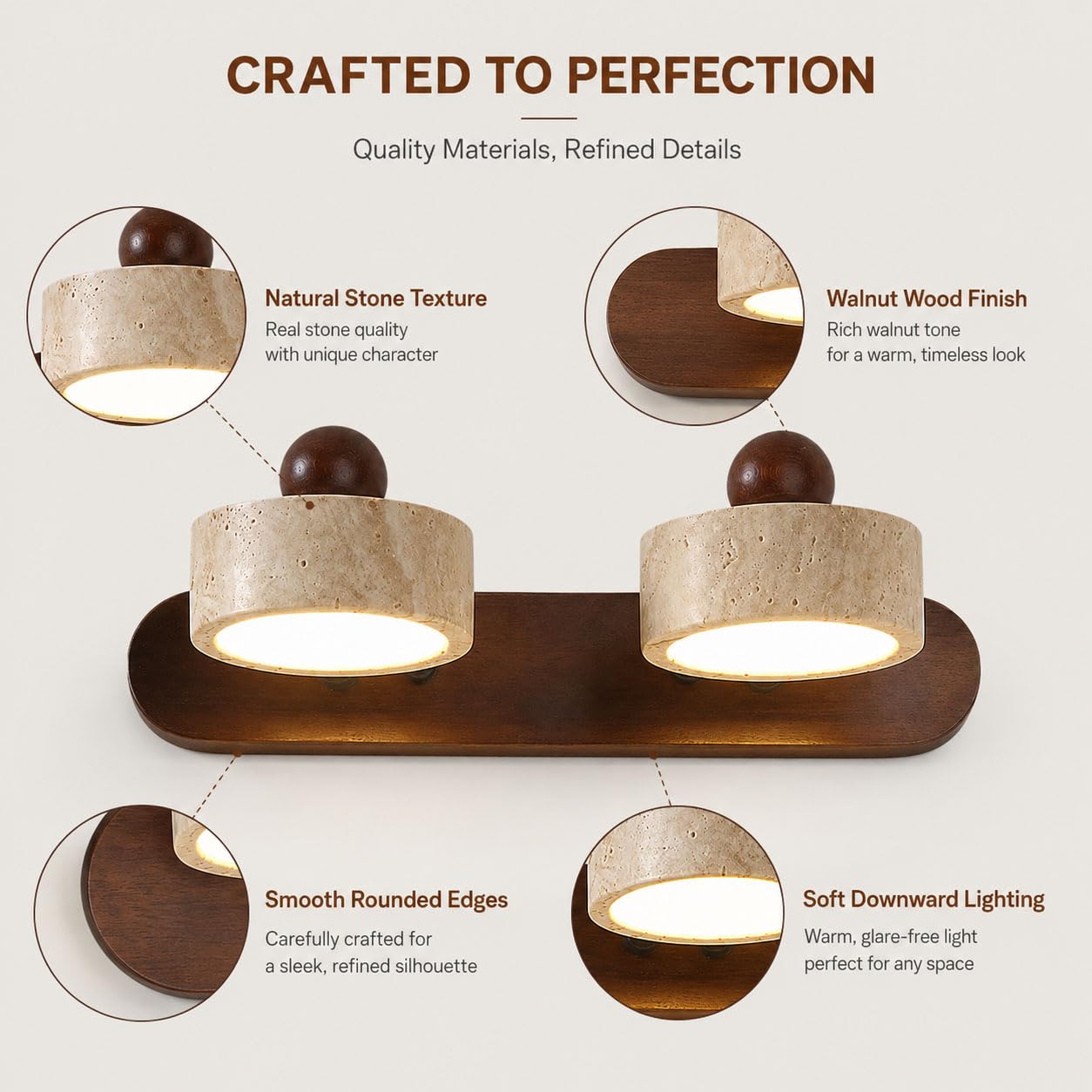 Spiegelleuchte Bad aus Naturtravertin und Massivholz, LED Badlampe über Spiegel, 2/3/4 Leuchtenköpfe, 3000 K Warmgelbes, 180° drehbar, Walnuss/Naturholz, für Schminktisch,Walnut color,2 Light
