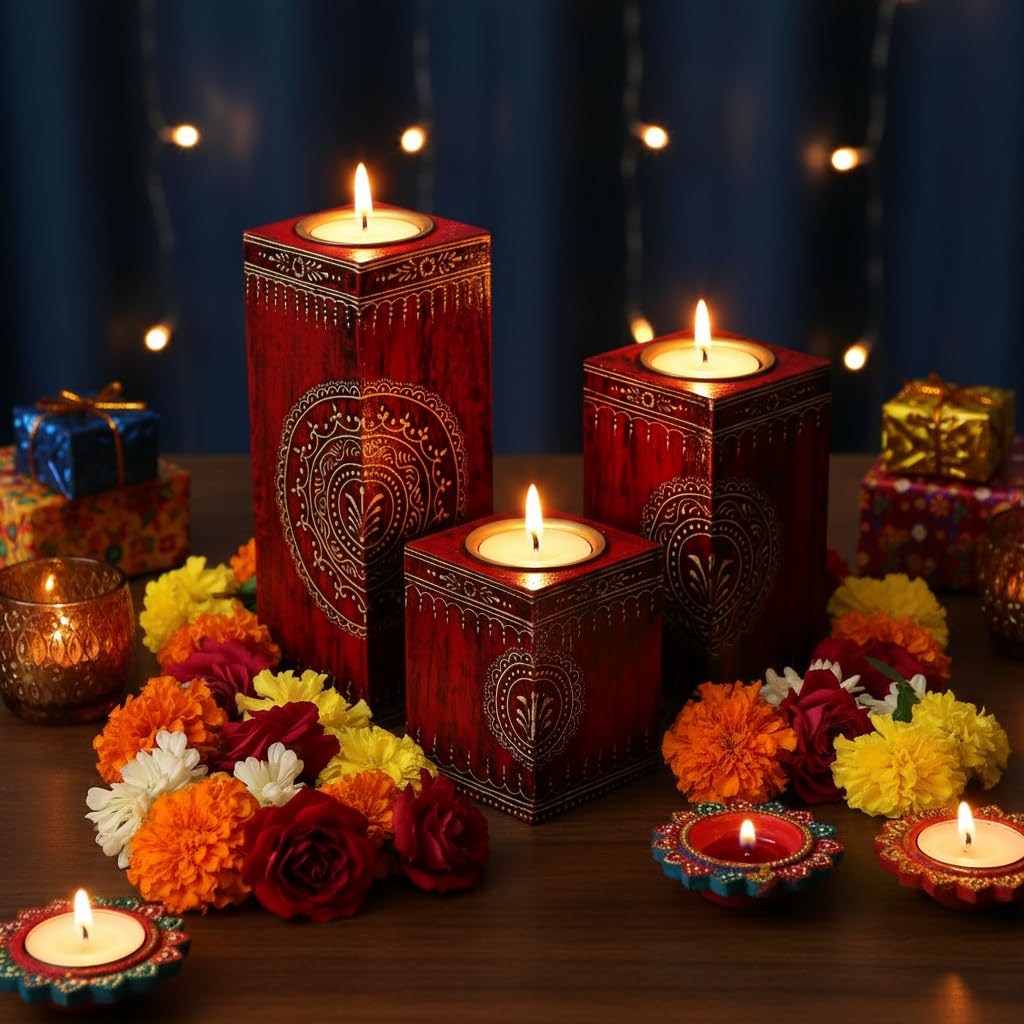 Rustic Wooden Tealight Holders - Set of 3 -5