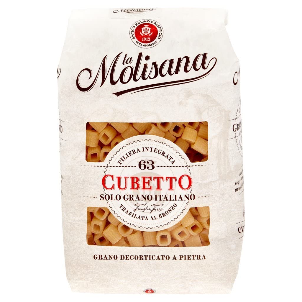 La Molisana Cubetto N.63 Pasta Lenta Lavorazione Pastas de sémola de trigo duro, dibujo de bronce, 500 g + 2 Polpa italiana Gourmet