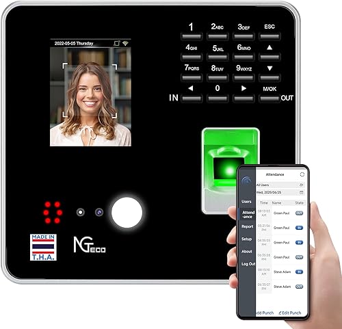 NGTeco Relojes de tiempo para empleados pequeñas empresas con cara, escaneo de dedos, RFID y perforación de PIN en uno, máquina de tarjetas de
