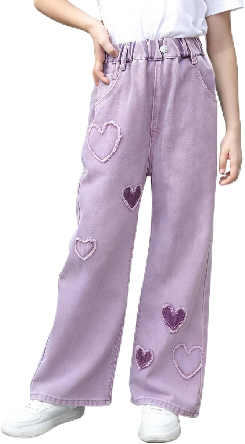 SANGTREE Girls Baggy Jeans Wide Leg Jeans Elastic Waist Casual Denim Pants Kids Clothes,6-14 Years