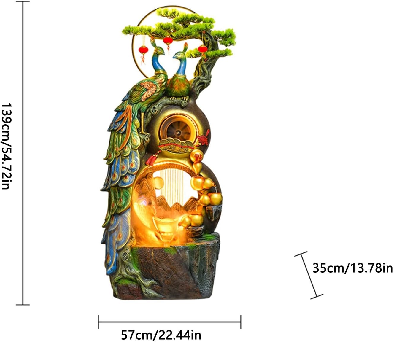 Floor Water Fountain Freestanding Water Fountain - In the Shape of a Fortune Gourd, Including Simulated Greenery, LED Lights and Crystal Ball, Modern Design for Home and Garden Decoration, Floor Stand