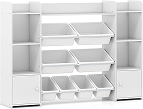 Toy Storage Organizer, Children Bookshelf Storage Unit with Removable Bins, Open Shelves, Enclosed Cabinets, Toddler Bookcase Rack for Kids Room Playroom Nursery (White, 142 x 30 x 100 cm)