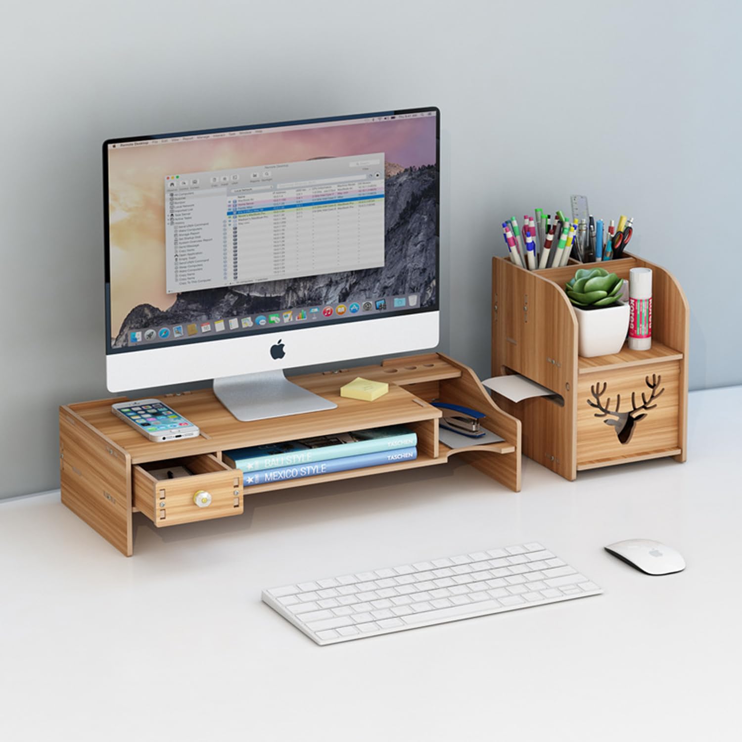 Moonmen 2-Tier Monitor Stand Riser with Drawers - Wood Computer Desk Organizer with Storage for PC, Laptop, Notebook, Printer Holder (2-Tier with Side cabinet, Walnut)