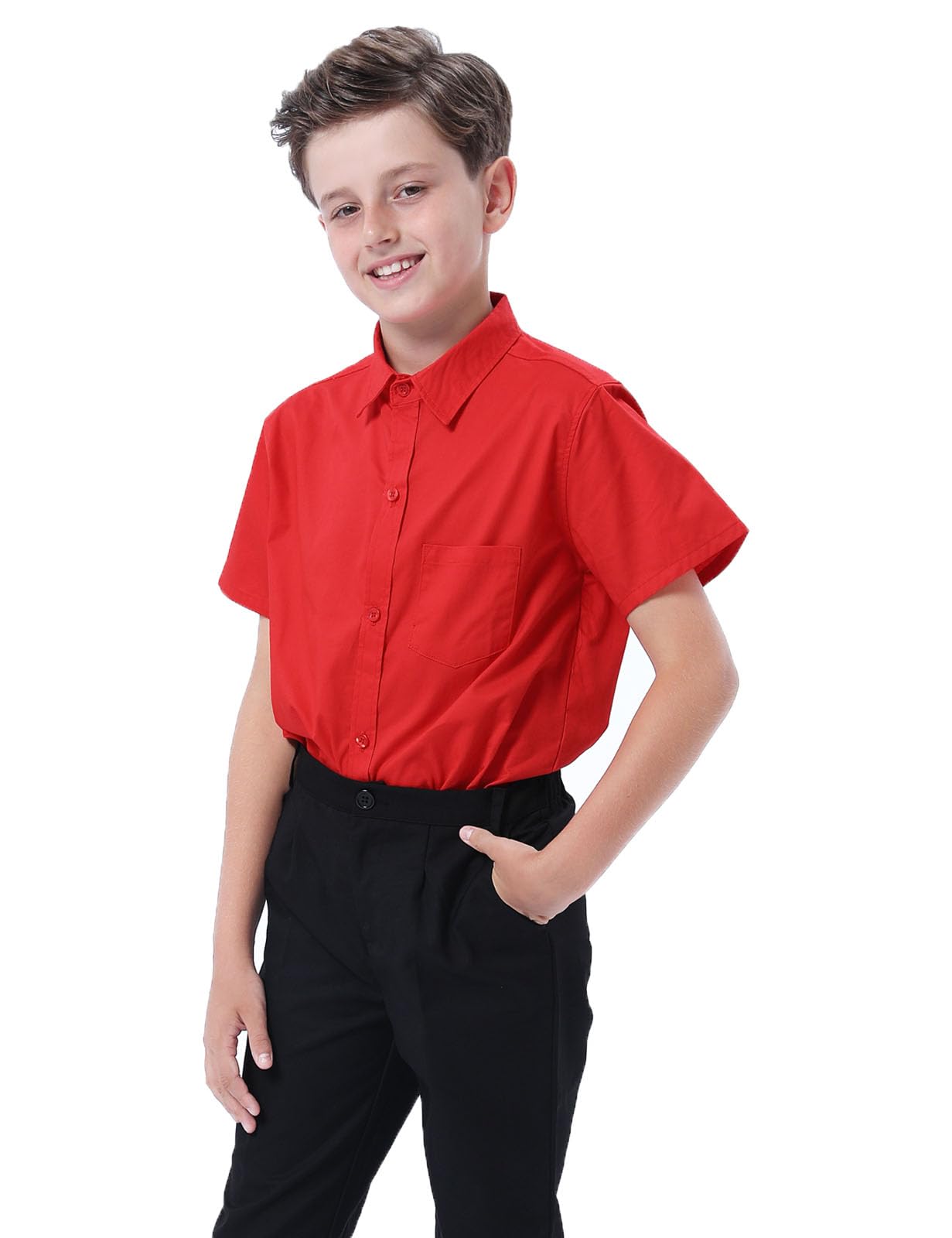 mintgreen Camisa De Escolar Color Sólido Manga Corta Botón para Niño, 7-14 Años