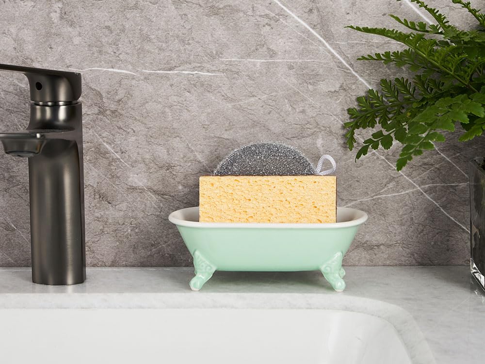 NEWHENGS 6.5" Ceramic Mini Decorative Clawfoot Bathtub Bar Soap Dish, Kitchen Sponge Holder and Shower Tray for Bathroom, 1 Pack(Bright Teal)