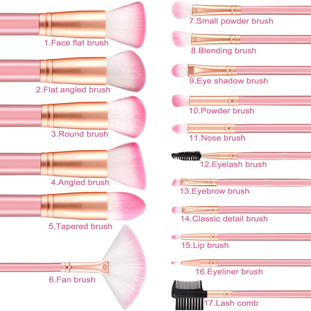 Makeup Brushes DUAIU 16 Pcs Professional Kabukit Make Up Brushes Set Premium Synthetic Fiber Powder Foundation Eyeshadow Eyeliner Lip Concealer Pink Wood Handle
