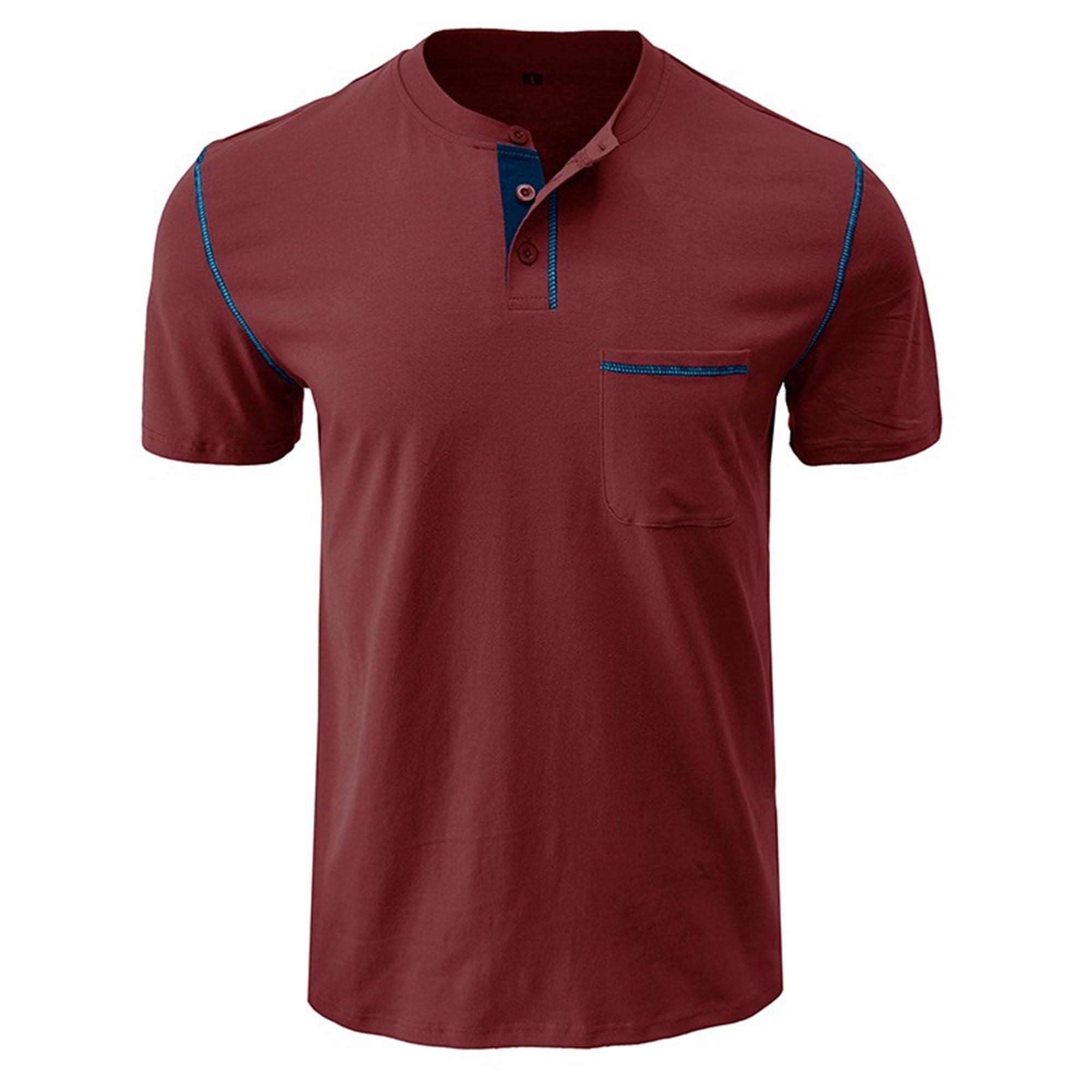 Men Quarter Button Henry Shirts Front Pocket T Shirt for Casual Daily Wear Summer Classic Comfy Pullover Tops (Wine Red,Small)