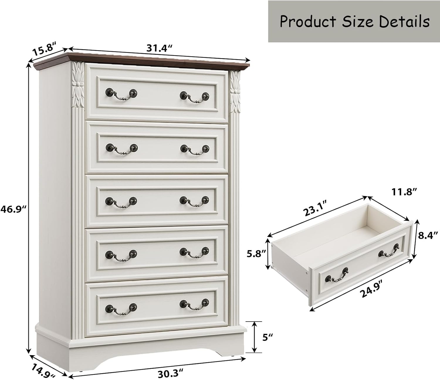 BLANKSPACE Antique White Dresser for Bedroom,5 Drawers Dresser, Farmhouse Dresser for Bedroom, Wooden 5 Chest of Drawers with Thickened Wood Carving for Closet,Hallway
