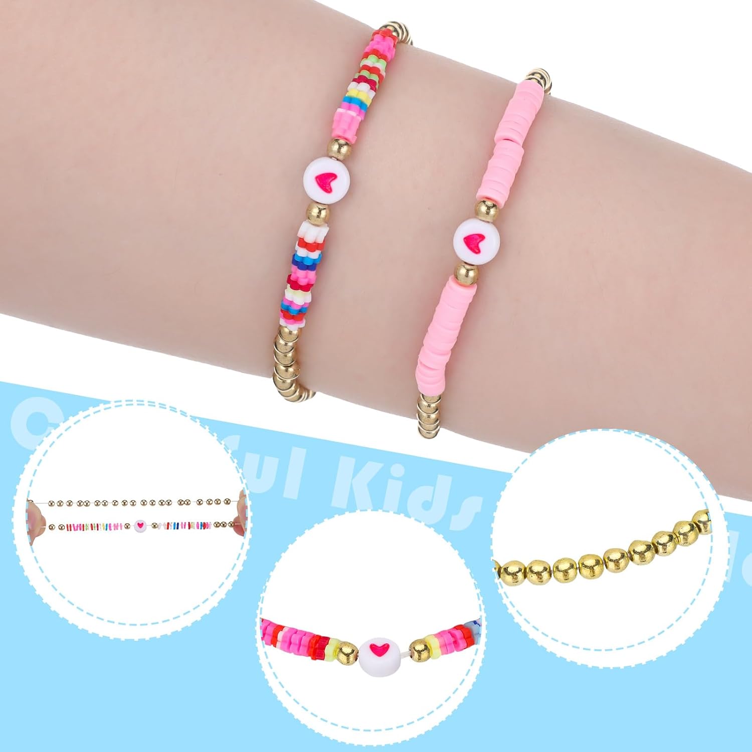 Sureio 24 Pcs Colorful Groovy Retro Friendship Bracelets Heart Hippie Surfer Friendship Bracelets Stretch Beaded Kids Bracelet for Tween Girls Women Groovy Party Favors - Image 3