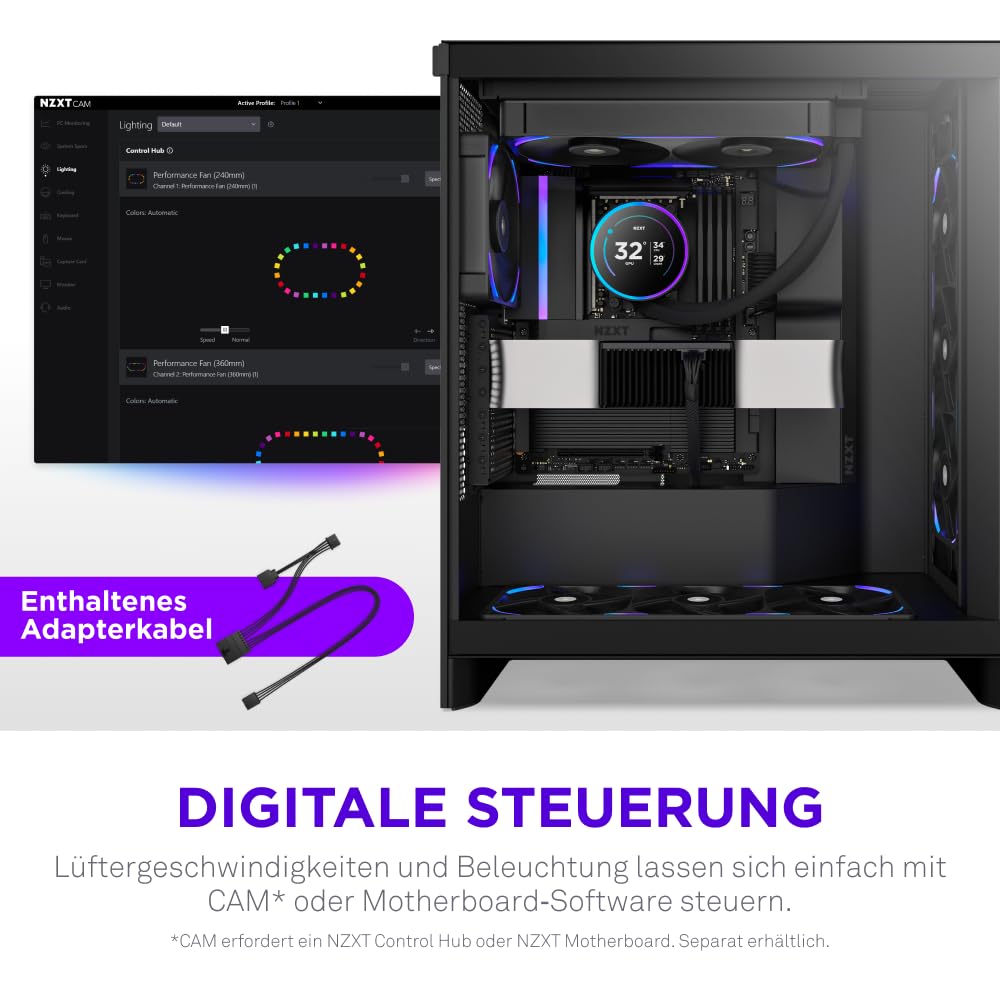 NZXT F280X - 280mm single-frame PWM RGB Performance-Lüfter - Schwarz | 280mm single-frame Einheit mit zwei 140mm RGB-Lüftern. Max. Airflow und statischer Druck, CAM-synchrone Beleuchtung.