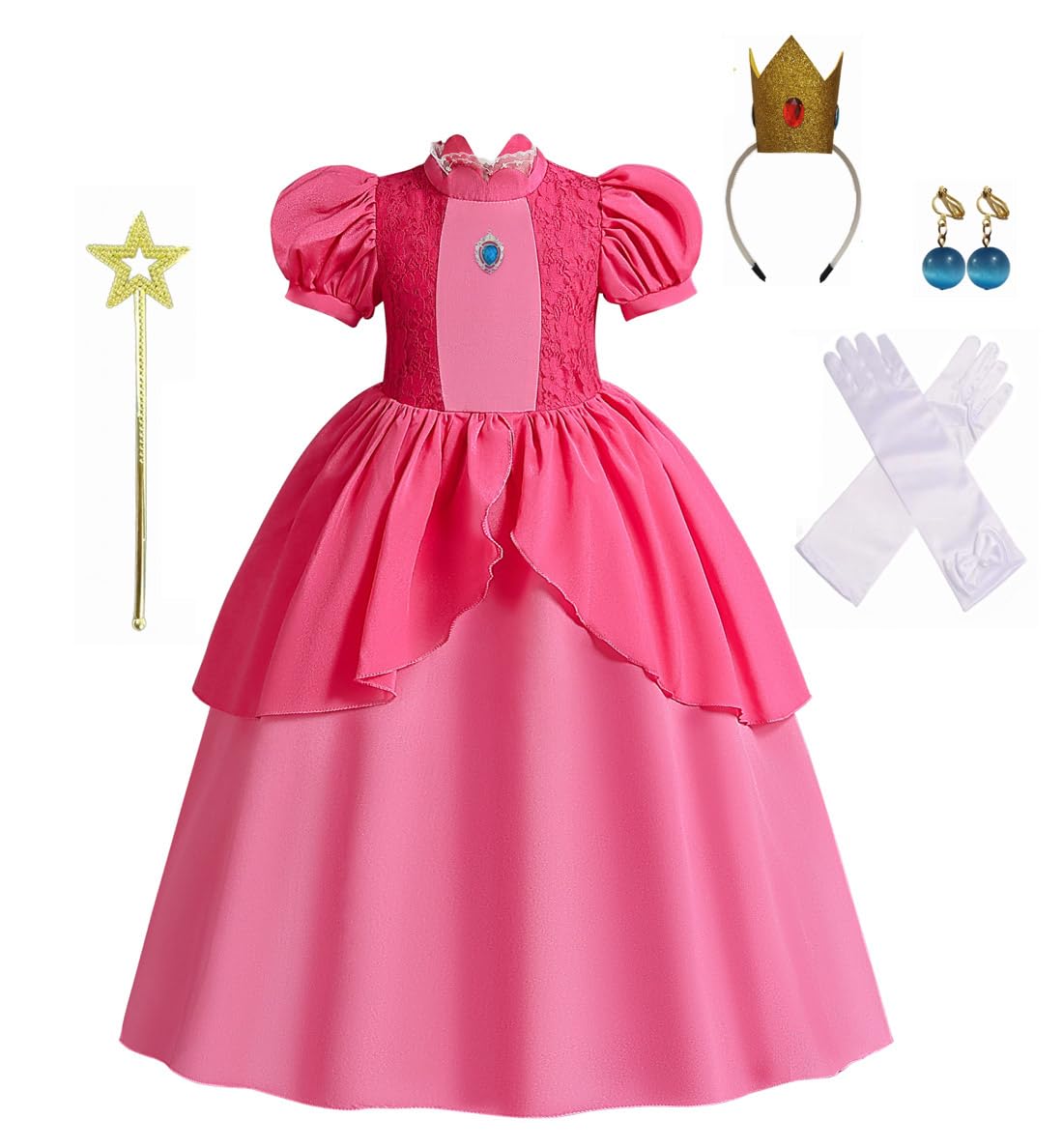 Yalla babYGirls Rosy Pink Dress Costume for Kids Girls Princess Dress Up with Free Accessories - 90-140 cm 3-12 Years Birthday Party Gaming Cosplay Outfits